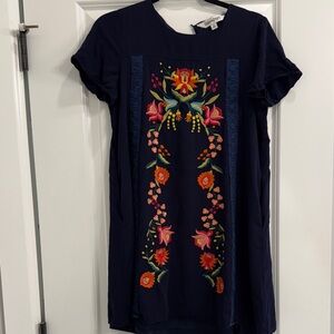 DAVI & DANI Dark Blue Dress with Colorful Floral Design